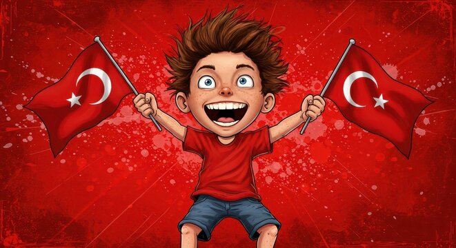 Joyful Patriotism: A young boy radiates pure joy, waving Turkish flags in a vibrant display of national pride against a vivid red backdrop, showcasing his cultural connection.