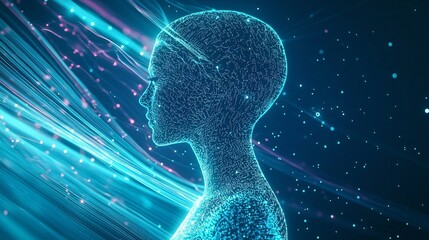 Futuristic female profile made of glowing blue particles and digital lines with abstract energy streams representing artificial intelligence and technology