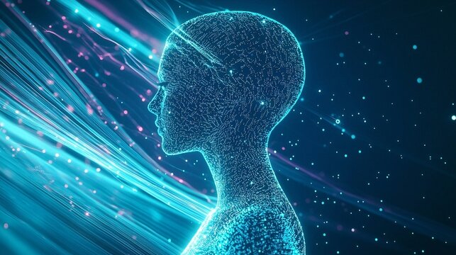 Futuristic female profile made of glowing blue particles and digital lines with abstract energy streams representing artificial intelligence and technology - Powered by Adobe