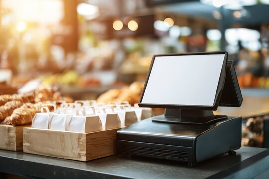 Modern point-of-sale system with blank screen in a sunny, bustling cafe.