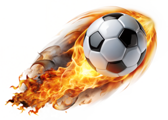 A soccer ball engulfed in flames, symbolizing speed, power, and intense competition isolated on transparent background