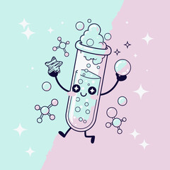 Happy Cartoon Test Tube with Bubbles, Molecules, and Star