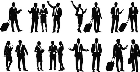 Business people silhouettes set, twelve professional figures in various poses with briefcases and luggage, vector illustration for corporate, travel, and workplace design projects