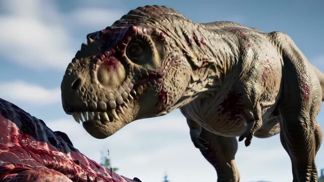 Ferocious trex feeding on prey in prehistoric landscape