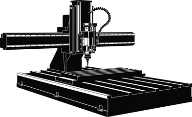 CNC milling machine line art, black and white vector illustration, gantry style design, precision manufacturing equipment, vertical spindle, industrial machining tool © Creative Crave