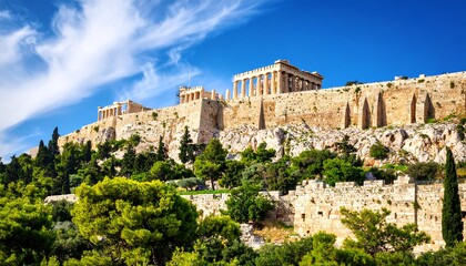 Fototapeta premium Ancient Acropolis of Athens, a magnificent ancient citadel, stands proudly against a vibrant blue sky, with lush greenery surrounding its ancient stone walls.