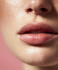 Fototapeta premium A refined editorial beauty portrait emphasizing smooth, glowing skin, soft shadows, and delicate features, paired with elegant pink-toned background décor for a hyperreal vertical composition. 