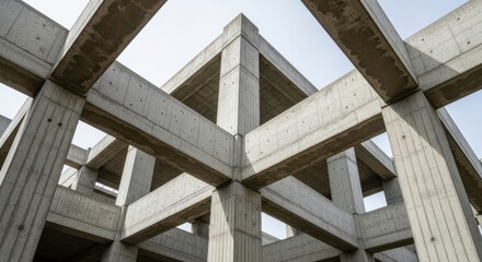 Abstract geometric pattern formed by concrete pillars and beams against a clear sky