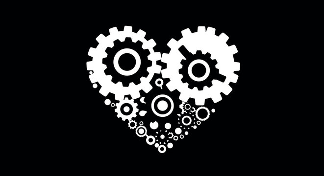 Heart made of gears: industrial mechanical design on black background
