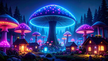 Magical Neon Mushroom Forest Village at Night.