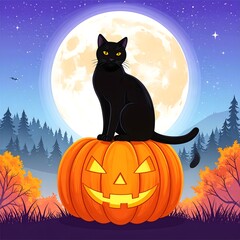 Fototapeta premium Mystical black cat perched on a glowing jack-o'-lantern under a starry purple sky with a full moon for Halloween