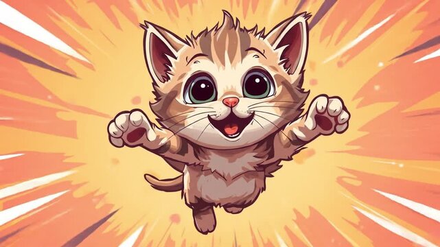 Playful cartoon kitten leaping joyfully against a vibrant explosion background
