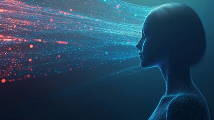 Futuristic female profile with glowing blue particles and abstract data streams of red and cyan light representing artificial intelligence and big data