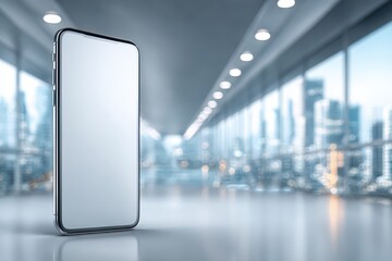 Sleek smartphone with blank screen in modern office, blurred city view.