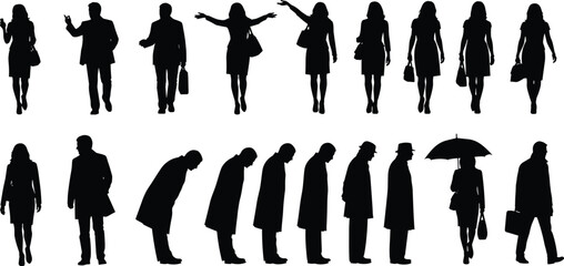 People silhouettes set, mixed male and female figures in various poses, gestures, and bowing sequence, vector illustration for lifestyle, culture, and body language design projects