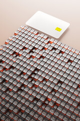 Transparent glass credit card on keyboard buttons. Concept of online payment for ai prompt. 3d rendering illustration