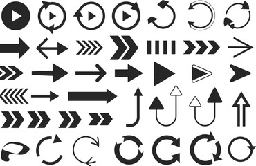 Arrow icons set, play button, navigation, direction, forward, reload, repeat, fast-forward, circular arrows, user interface vector illustrations