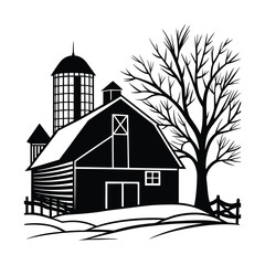Black silhouette of a barn with silos and a bare tree © shah