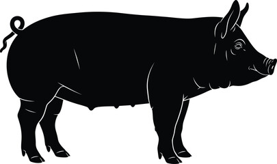 Black silhouette pig, farm animal profile, domestic livestock sow, agriculture concept, pork meat industry, rural farming icon, animal husbandry, vector illustration, isolated background