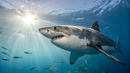 Obraz premium Breathtaking great white shark swimming in ocean waters with stunning sun rays shining through, creating an adventurous and exciting underwater scene perfect for conservation campaigns