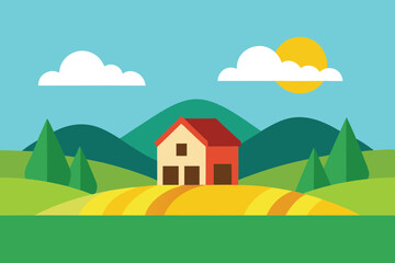 Naklejka premium A picturesque countryside landscape featuring a charming house nestled amidst rolling hills, lush fields, and clear blue sky with fluffy clouds and a bright sun