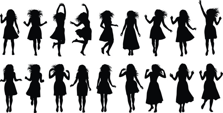 Woman silhouette poses set, eighteen dynamic stances with flowing hair and dress, jumping, dancing, standing, vector illustration for fashion, movement, and lifestyle design projects