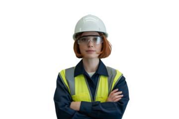 Female Engineer in Hard Hat and Safety Glasses Posing with Arms Crossed