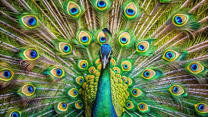 Obraz premium peacock feathers photo, colorful peacock closeup, exotic bird feathers, peacock pattern image, bird feather macro, vibrant peacock detail, exotic feathers closeup, tropical bird plumage, peacock macro