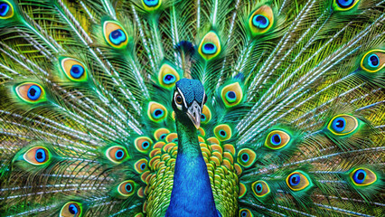 Obraz premium peacock feathers photo, colorful peacock closeup, exotic bird feathers, peacock pattern image, bird feather macro, vibrant peacock detail, exotic feathers closeup, tropical bird plumage, peacock macro