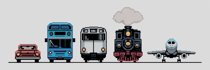 Pixel Art Transportation Vehicles Car Bus Train Locomotive Airplane Retro Style 8-bit Graphics Vector Illustration © MOHAMMAD