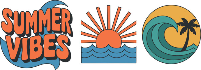 Vibrant Summer Vibes Graphic Collection Featuring Retro Sunsets, Ocean Waves, and Tropical Palm Trees for Apparel