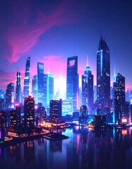 Fototapeta premium Futuristic Cityscape at Dawn with Neon Lights.