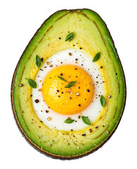 Baked avocado with an egg in the center , isolated on transparent background, png