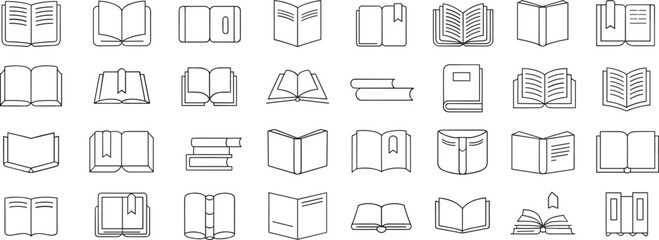 Obraz premium Book icon set with open, closed, and stacked books, reading and education symbols, outline vector collection for learning and publishing