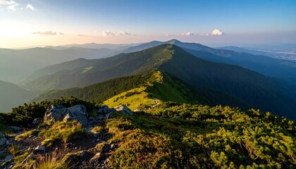 Fototapeta premium Majestic mountain range stretches into the distance, illuminated by the golden light of sunset. Lush greenery and rocky peaks create a breathtaking panorama of nature's grandeur.