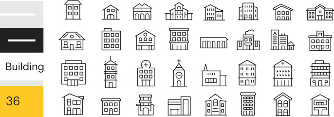 Building icon set with houses, apartments, offices, schools, and churches, modern architecture and real estate vector design collection
