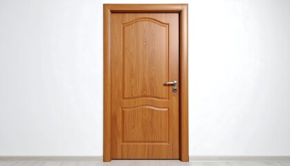 Fototapeta premium Elegant wooden interior door with panel details in a minimalist white room setting