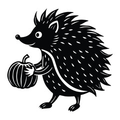 Cute black and white cartoon hedgehog holding a pumpkin