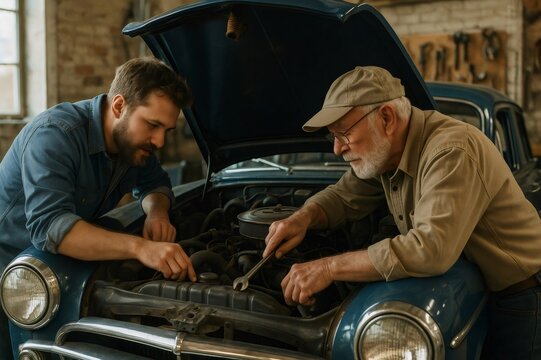 Two mechanics, a father and son, working together to repair a classic car engine in a garage, using tools and expertise