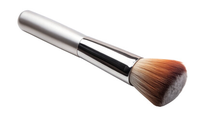 Makeup brush with silver handle isolated on transparent background, perfect for applying powder and other cosmetic products