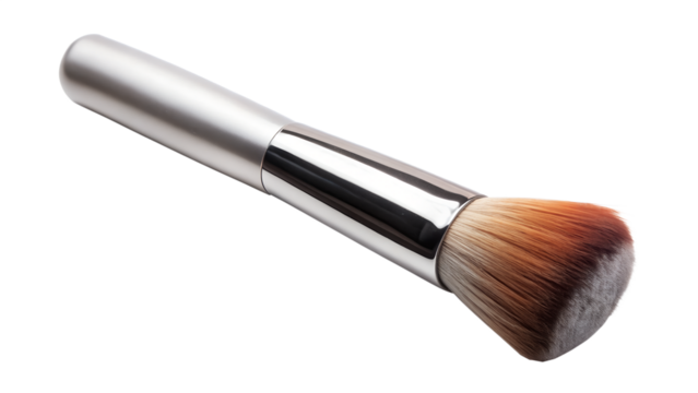 Makeup brush with silver handle isolated on transparent background, perfect for applying powder and other cosmetic products