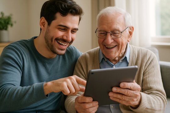 Young man assisting his elderly father while using a tablet computer, sharing a moment of joy and connection