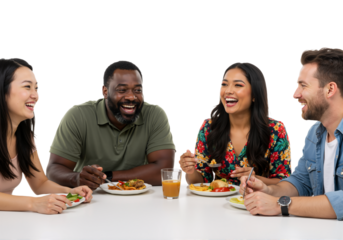 Joyful meal sharing Friends laugh during a friendly dining experience with delicious plates