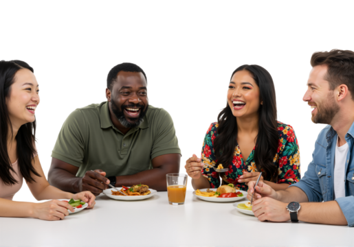 Joyful meal sharing Friends laugh during a friendly dining experience with delicious plates