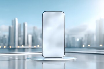A modern smartphone with a blank screen for mockup standing on a reflective surface, set against a blurred cityscape backdrop providing ample copy space.