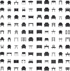 Furniture icon set with chairs, tables, drawers, armchairs, modern interior vector symbols, home decor furniture collection, silhouette style elements, household design icons pack