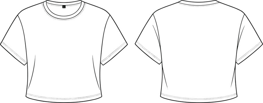 CAD drawing flat vector illustration of women's basic cropped t-shirt with round neck, short sleeves, clean outline, fashion sketch, template