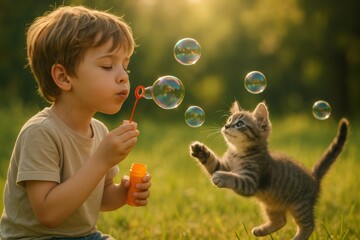 Little boy blowing soap bubbles while a playful kitten is trying to catch them in a sunny garden