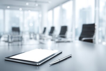 A modern office meeting room with a tablet and pen on the table, showcasing technology, business environment, and teamwork, bathed in natural light from large windows.
