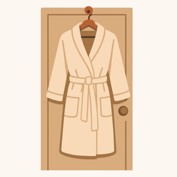 Bathrobe hanging on a wooden door with a simple design  